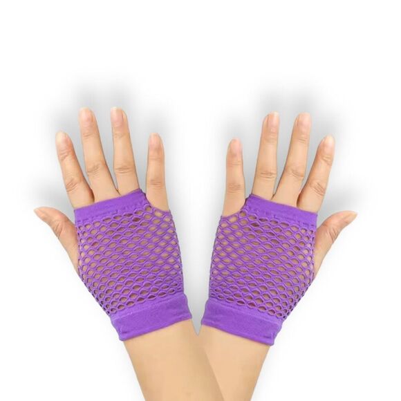 Purple Neon Fishnet Cut Out Short Hand Cover Mesh Gloves - NEW - Picture 1 of 3